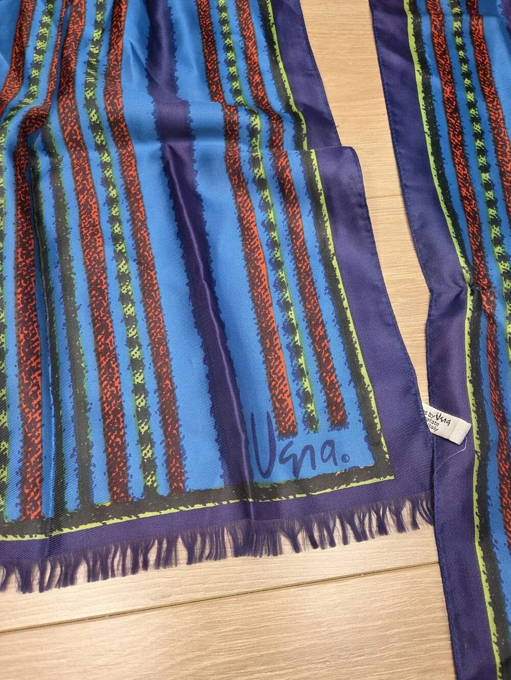 Vintage Vera Neumann Made in Italy Long Oblong Scarf Blue Striped Fringe 67x14